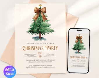 以下が含まれることがあります： 水彩画のクリスマスツリーのデザインが施されたクリスマスパーティーの招待状。招待状には「Christmas Party」の文字、日付、時間、場所が記載されています。スマートフォンには同じ招待状が表示されています。
