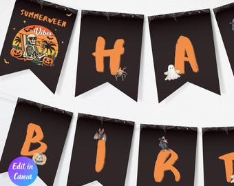 Summerween Pool Party Banner Template, Summerween Birthday Party Decor, Spooky Party Decoration, Printable Birthday Bunting,Instant Download