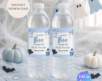 A Little Boo Is Almost Due Baby Shower Water Bottle Label Template, Halloween Baby Shower Decorations, Cute Ghost Little Boo Is Almost Due