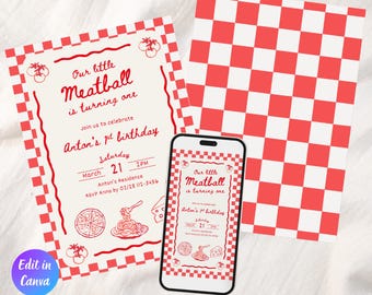 Modello di invito per la festa del primo compleanno di "Our Little Meatball", invito modificabile per il primo compleanno italiano, tema pasta italiana Holi Cannoli