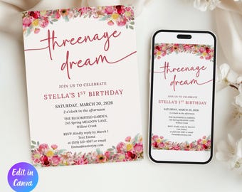 Threenage Dream Birthday Party Invitation Template, Girl 3rd Birthday Invites, Little Miss Threenager Invite, Instant Download
