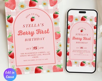 Invito per il primo compleanno a tema frutti di bosco, Invito elettronico per il primo compleanno a tema frutti di bosco, Invito per il primo compleanno a tema fragole, Invito per un dolce compleanno a tema frutti di bosco