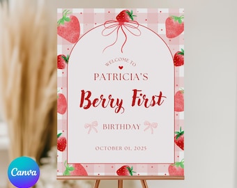 Tabliczka powitalna na pierwsze urodziny Berry, edytowalna tabliczka z truskawkami na pierwsze urodziny, dekoracja na pierwsze urodziny Berry, tabliczka powitalna na pierwsze urodziny Berry, BF00
