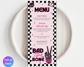 Bad Two the Bone Birthday Food Menu Template, Editable Digital Menu, Two Cool 2nd Birthday Girl Party Decor, Pink Bad Bone Canva Template