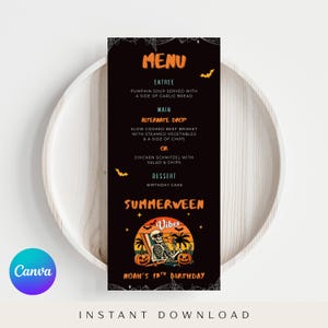 May include: A black menu card with orange text and graphics for a "Summerween" themed birthday party. The menu includes pumpkin soup, beef brisket, chicken schnitzel, and birthday cake. The card features a skeleton relaxing on a beach chair.