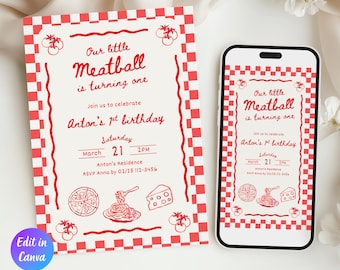 Modello di invito per la festa del primo compleanno di "Our Little Meatball", invito modificabile per il primo compleanno italiano, tema pasta italiana Holi Cannoli