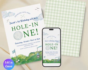Bewerkbare hole-in-one eerste verjaardagsversieringen, hole-in-one verjaardagsuitnodiging, golf 1e verjaardag, golf Par-Tee eerste verjaardagsuitnodiging