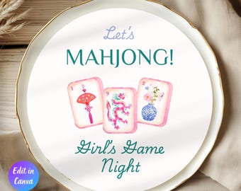 Mahjong Decor Charger Plate Template, Editable Girls Game Night Charge Plate, Printable Mahjong Party Decor, Instant Download,Canva Template