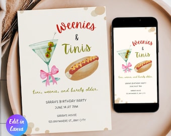 Weenies and Tinis Birthday Invite Template, Weenies and Martinis Birthday Theme, Martini Theme Birthday Invite, Weenies and Tonic