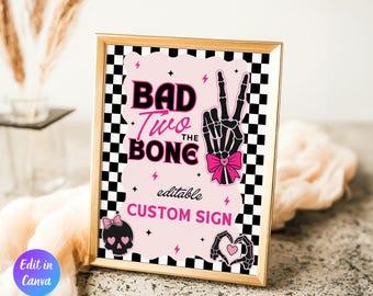 Bad Two the Bone Birthday Custom Sign Template, Bad Two the Bone Decor, Two Cool 2nd Birthday Girl Party, Pink Bad Bone Canva Template