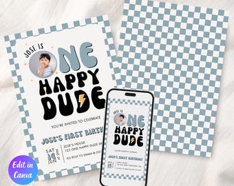 One Happy Dude Birthday Invitation Template, Blue Retro One Happy Dude First Birthday Invite, Printable Invitation, Instant Download