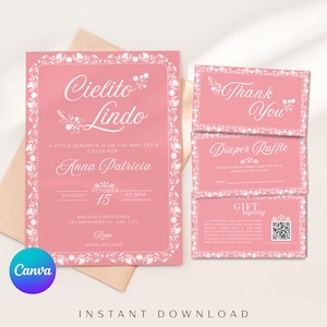 Dusty Pink Cielito Lindo Baby Shower Invitation Template, Talavera Invite, Mexican Theme Baby Shower, Papel Picado, Editable Canva Template