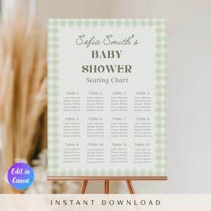 May include: A baby shower seating chart on a copper-colored stand. The chart features a green and white gingham border and lists names under the headings "Table 1" through "Table 12". The text "Sofia Smith's BABY SHOWER Seating Chart" is at the top.