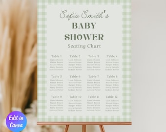 Sage Green Gingham Baby Shower Seating Chart Template, Classic Gingham Boy Baby Shower Decor, Printable Seating Chart, Instant Download