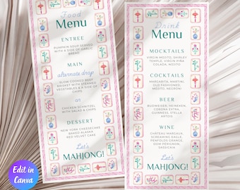 Mahjong Food & Drink Menu Template, Editable Girls Game Night Menu, Printable Mahjong Food and Drink Menu, Instant Download, Canva Template