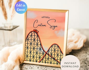 Editable Rollercoaster Theme Park Amusement Birthday Custom Sign Template, Roller Coaster Party Sign Printable Template, Instant Download