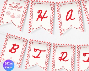 Il nostro piccolo striscione per la festa del primo compleanno a forma di polpetta, ghirlanda italiana modificabile per il primo compleanno, tema pasta italiana Holi Cannoli