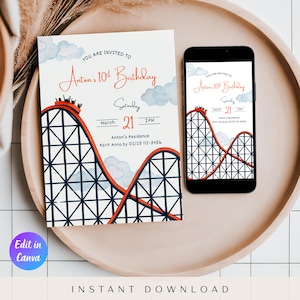 May include: A birthday invitation featuring a roller coaster design. The invitation includes the text "You are invited to Anton's 10th Birthday" and event details. A smartphone displays the same invitation. The words "Instant Download" are at the bottom.