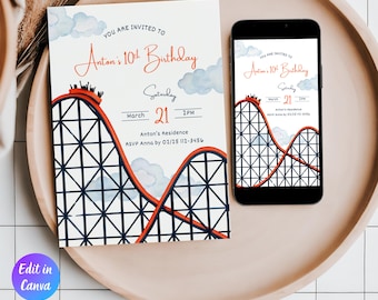 編集可能なジェットコースターテーマパークの誕生日パーティー招待状、ジェットコースターパーティー招待状印刷可能テンプレート、即時ダウンロード