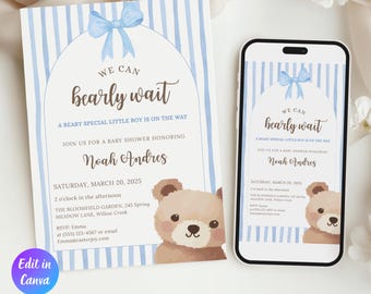 We Can Bearly Wait Baby Shower Invite, Brown Teddy Bear Blue Stripe with Bow Boho Theme,  Editable Baby Shower Invite for Baby Boy