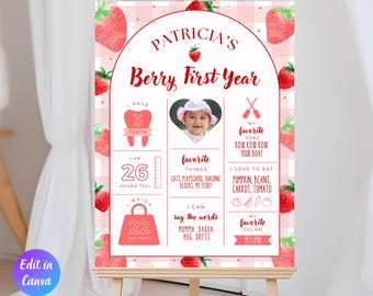 Affiche de premier anniversaire Berry, panneau modifiable de fête de 1er anniversaire fraise, affiche imprimable de premier anniversaire, panneau d'étape, BF00