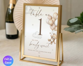Gender Neutral Bear Baby Shower Table Number Sign Template, We Can Bearly Wait Baby Shower, Bear Theme Baby Shower, We Can Barely Wait