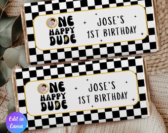 One Happy Dude Chocolate Bar Wrapper, Retro One Happy Dude First Birthday Party Decor, Printable Candy Bar Wrapper, Canva Template, OHD