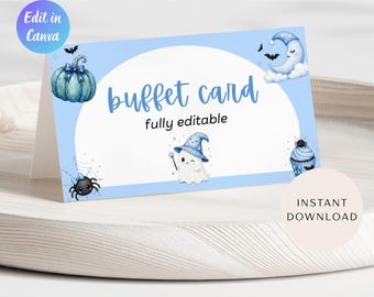 Szablon karty z jedzeniem na baby shower z napisem „Mała Boo jest już prawie gotowa”, etykieta na jedzenie na baby shower z okazji Halloween, uroczy duch z napisem „Mała Boo jest już prawie gotowa”