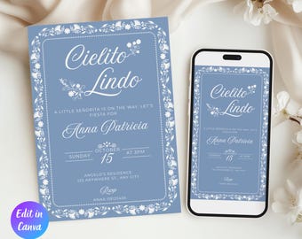 Modello di invito per baby shower Cielito Lindo, invito per baby shower messicano, invito Papel Picado, invito in stile Talavera blu, BCL001