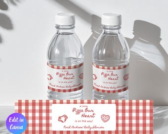 Etichetta per bottiglia d'acqua per baby shower con consegna speciale di pizza, quadretti rossi e bianchi, stile italiano disegnato a mano, bomboniere per baby shower, download immediato