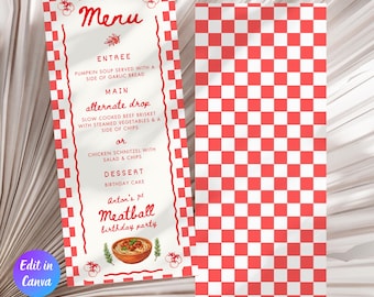 Il nostro piccolo modello di menù per la festa del primo compleanno a tema polpetta, menù italiano modificabile per il primo compleanno, tema pasta italiana Holi Cannoli