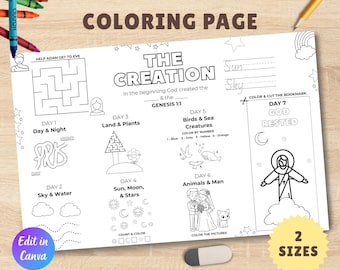 Days of Creation Kids Activity Sheet, Bible Story Placemat Activity Page, Creation Activity Placemat, God's 7 Days of Creation Printable