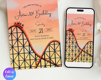 Invito di compleanno a tema montagne russe, compleanno a tema parco divertimenti, invito per il decimo compleanno, stampabile, download immediato