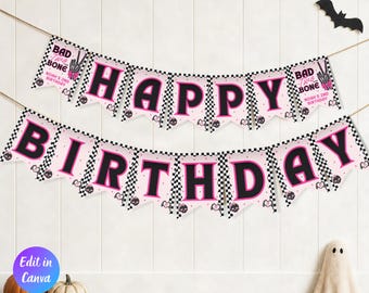 Bad Two the Bone Birthday Banner Template, Editable Birthday Buntings, Two Cool 2nd Birthday Girl Party Decor, Pink Bad Bone Canva Template