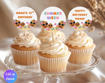 Summerween Birthday Cupcake Topper Template, Halloween 13th Birthday Party, Ghost Pool Party Decor, Spooky Summer, Instant Download