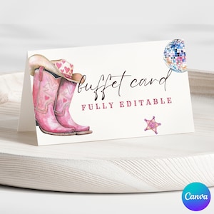 Cartão editável para barraca de comida Boots on the Ground, decoração para festa de aniversário Western Hoedown, ideias para aniversário de 30 anos, modelo para barraca de comida de aniversário Cowgirl