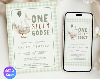 One Silly Goose Birthday Invitation Template, Goose 1st Birthday, Green One Silly Goose Birthday Invitation, Goose Invitation