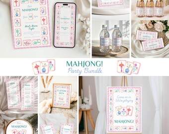 Mahjong Invitation Party Bundle Template, Editable Girls Game Night Decor, Printable Mahjong Party Bundle, Instant Download, Canva Template