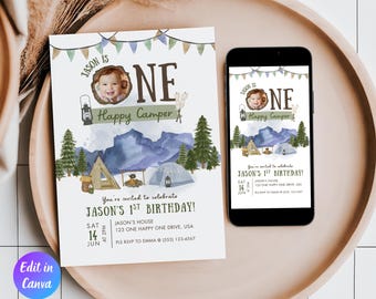 One Happy Camper Birthday Invitation Template, Boy First Birthday, Camping Birthday, Happy Camper, Happy Camper Evite, Instant Download