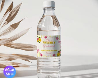 Freshly Graduated Water Bottle Label Template, Lemon Graduation Citrus Grad Theme, Class of 2026 Canva Template,Instant Download,Water Label