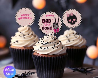 Bad Two the Bone Birthday Cupcake Topper Template, Halloween Birthday Party, Two Cool 2nd Birthday Girl Party, Pink Bad Bone Canva Template