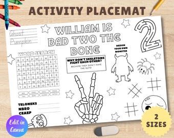 Customized Bad Two The Bone Activity Placemat, Personalized Tattoo Party Coloring Activity, 2nd Birthday, Silent Activities for Kids