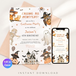 May include: Halloween-themed invitation with the text "Calling All Monsters!" and "Costume Party" with illustrations of a witch, owl, ghost, and castle. The invitation is for Jason's 6th birthday. A smartphone displays the same design.