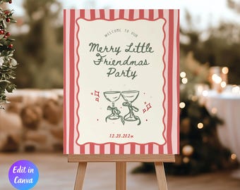 Redigerbar Friendsmas-julfest-välkomstskylt, Friendsmas-dekor, välkomstskylt för högtidsfest, nyckfulla handritade julfestdekorationer