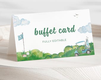 May include: A white buffet card with a watercolor golf course design. The card features a green golf course scene with a golf cart, flag, and the words "buffet card" and "fully editable" in green.