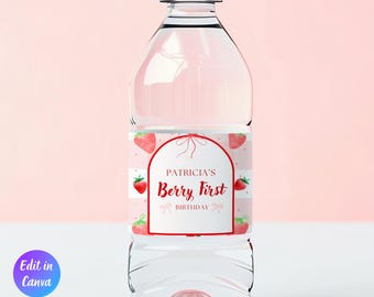 Etiqueta para botella de agua con temática de bayas para primer cumpleaños, decoraciones para primer cumpleaños con bayas, cumpleaños de fresa, descarga instantánea, BF00