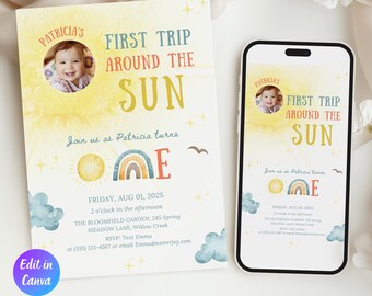 First Trip Around the Sun Invitation Template, Sunshine 1st Birthday Invite, One in the Sun Birthday, Boho Sun 1st Birthday Invite