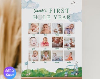 May include: A personalized baby milestone poster with the text "Jacob's FIRST HOLE YEAR." The poster features twelve photos of a baby, one for each month, with golf-themed illustrations and watercolor clouds. The words "Edit in Canva" are visible.