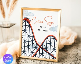 Editable Rollercoaster Theme Park Amusement Birthday Party Custom Sign, Roller Coaster Party Sign, Printable Template, Instant Download