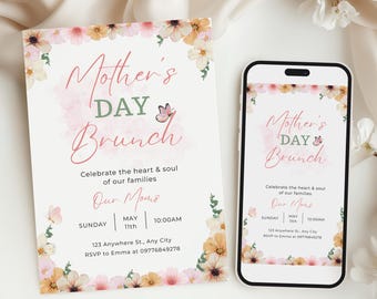 Plantilla de invitación floral para el brunch del Día de la Madre (descarga digital)